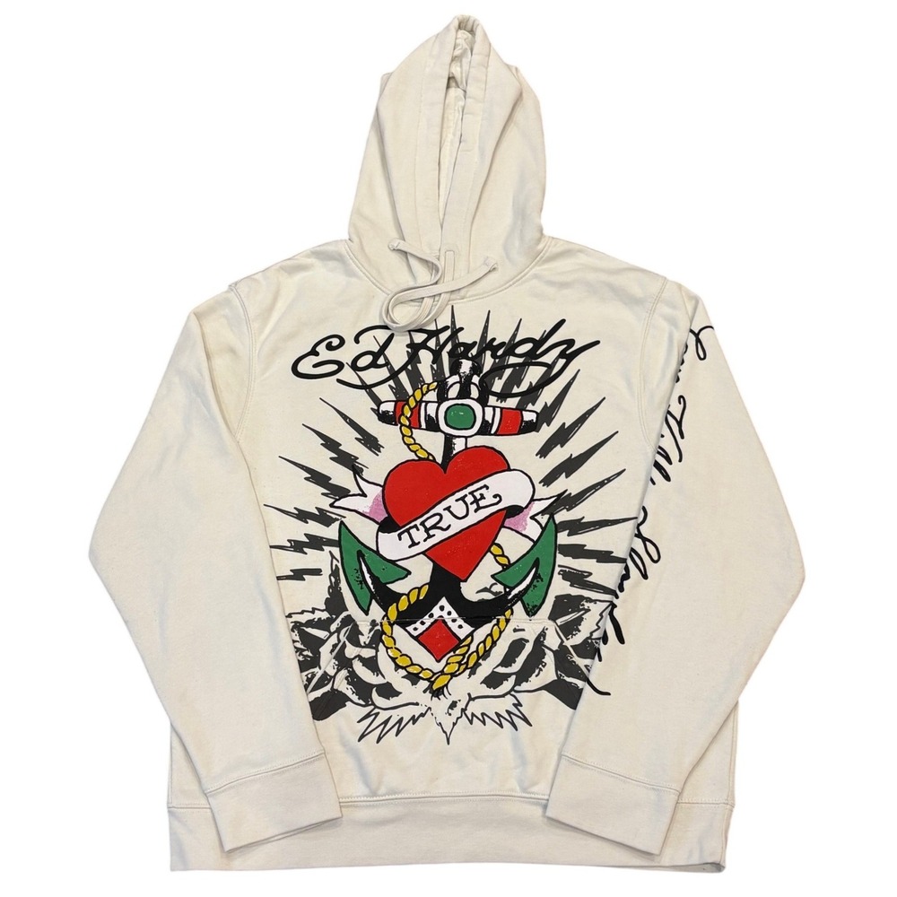 Ed Hardy Y2K Hoodie Mens L Off White Tattoo Anchor Heart Love Kills Slowly